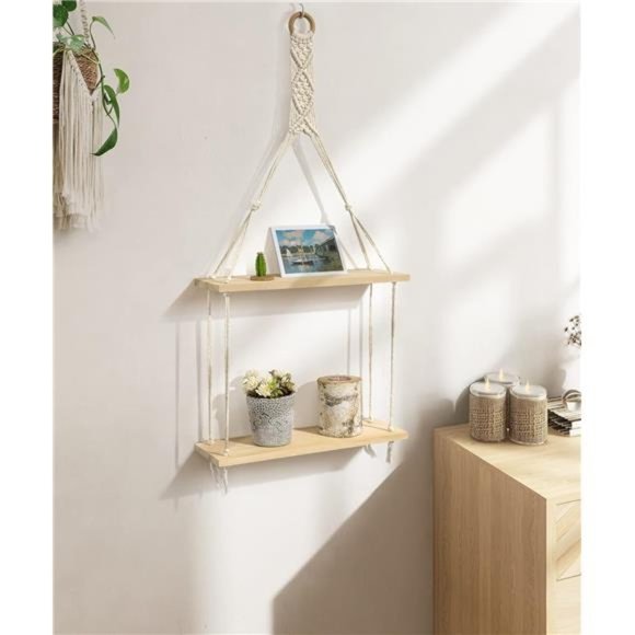 Macrame Hanging Shelves Wall Floating Shelf Natural Wood Chic Boho Decor 2 Tiers - Picture 3 of 6